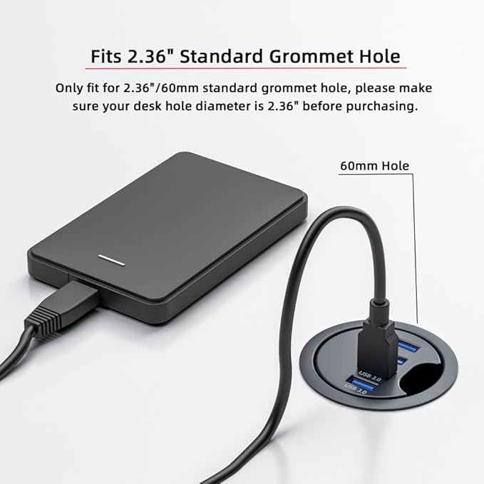 CY USB 3.0 Hub 4 Port USB 60mm Desk Grommet Splitter Dock Station Interface 5Gbps for Desktop PC