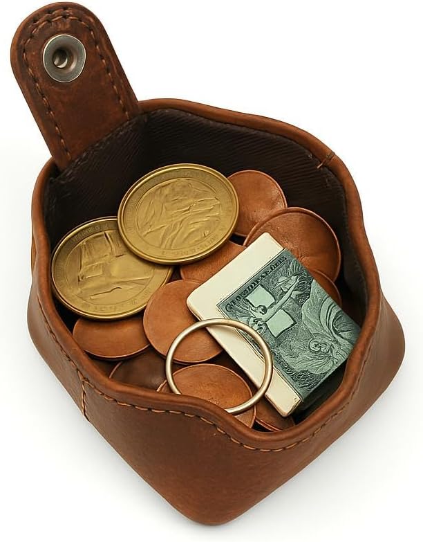 Leather Coin Pouch - Compact Change Holder and Mini Pocket Wallet for Men & Women (Brown)