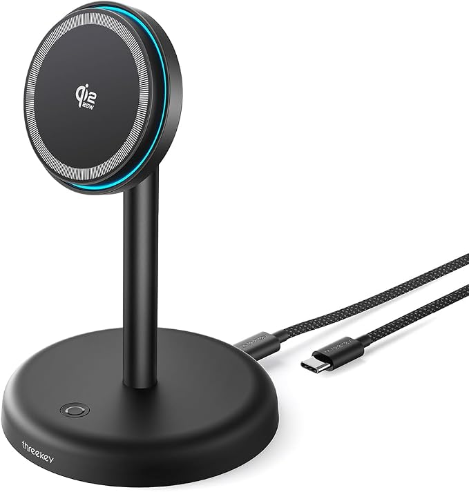 THREEKEY for Qi2 Certified 25W Magnetic Charging Stand with Cooling Fan & LED Light, Fast Wireless Charger Station for iPhone 17-12 Series/Galaxy S26-S25/Pixel 10【No Adapter】