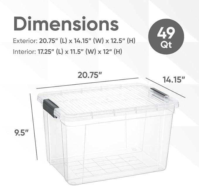 Superio Clear Storage Boxes with Lids, 49 Quart Plastic Container Bins for Organizing, Stackable Crates, BPA Free, Non Toxic, Odor Free, Organizers for Home, Office and Dorm, 3 Pack