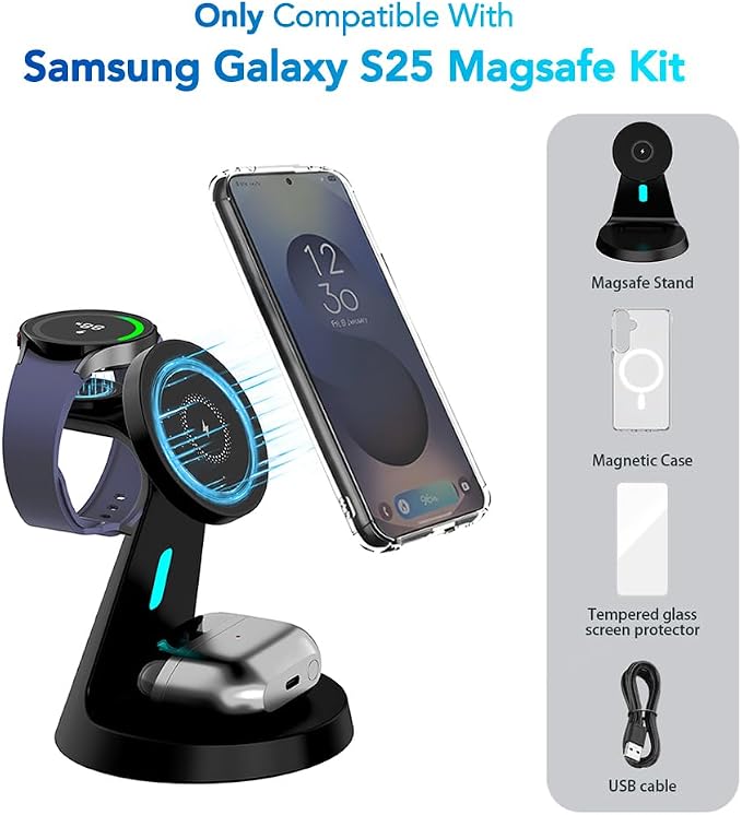 for Samsung Galaxy S25 Dedicated Magnetic Charging Kit，3 in 1 Charging Station Compatible with MagSafe Samsung Charger for Watch Charger Stand for Galaxy Watch Ultra 8 7, for Buds