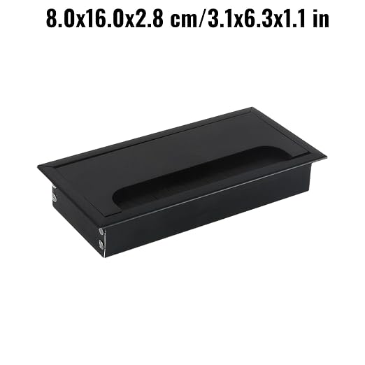 Desktop Cable Management Cover for Desk Organization - Aluminum Alloy Cable Box with Brush Seal (Black, 8.0x16.0x2.8 cm)