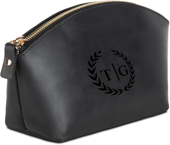 Premium Personalized Genuine Leather Cosmetic Makeup Bag - Wedding Gift for Bridesmaid, Travel Organizer Clutch for Women with Zipper Pouch for Toiletry Essentials (Black)