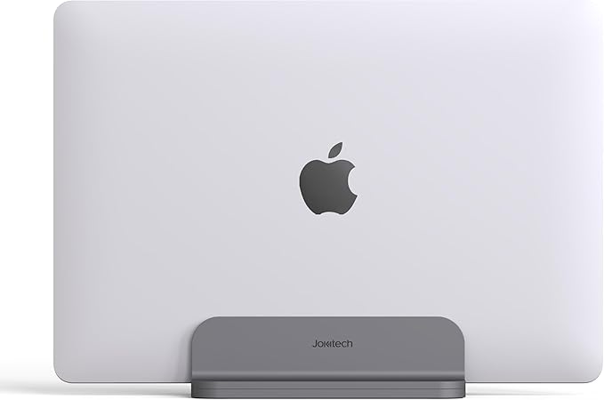 JOKItech Aluminum Laptop Vertical Stand Organizer, Sturdy Laptop Computer Holder Desktop Stand Compatible with new Retina Apple MacBook Pro/Air/Neo, Mac mini & iPad Pro - Spacegrey