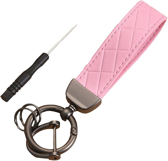 Leather Car Keychain - 360 Degree Snap Swivel Key Ring - Key Tag Car Key Fob Keychain Holder with Anti-Lost D-Ring - Key Organizer for Men Women (Pink)