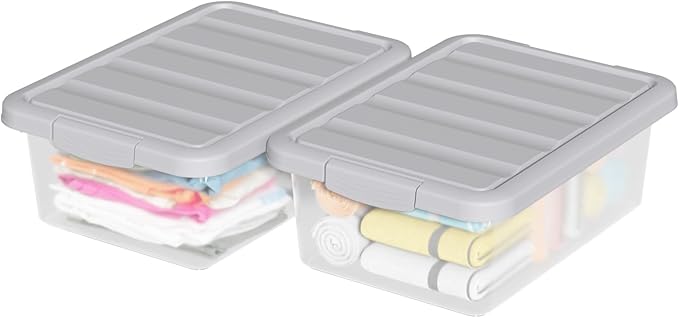 14 Quart Plastic Clear Storage Bin, Stackable Latching Box with Grey Lid, 2 Packs