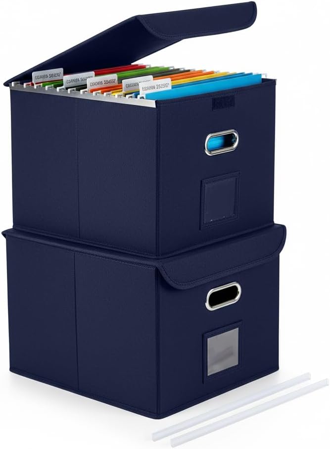 File Organizer Box with Lid, Large Hanging File Folder Organizer with Plastic Slide, Collapsible Portable Filing Storage Boxes for Office/Decor/Home (Navy Blue, 14.9 x 12.59 x 10.8 inch, 2-Pack)