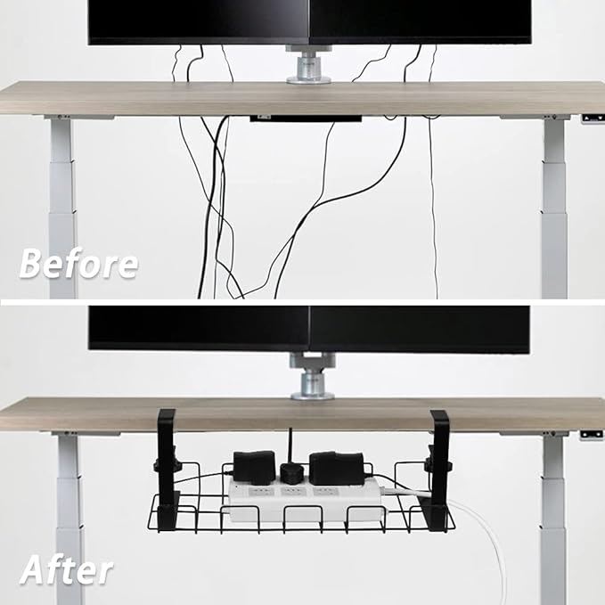 Baskiss Under Desk Cable Management Trays 2 Pack, 16" Clamp Mounted Cord Organizer Holder Wire Organization No Drill Holes Needed for Computer Home Office Standing Tables to Conceal Power Strips