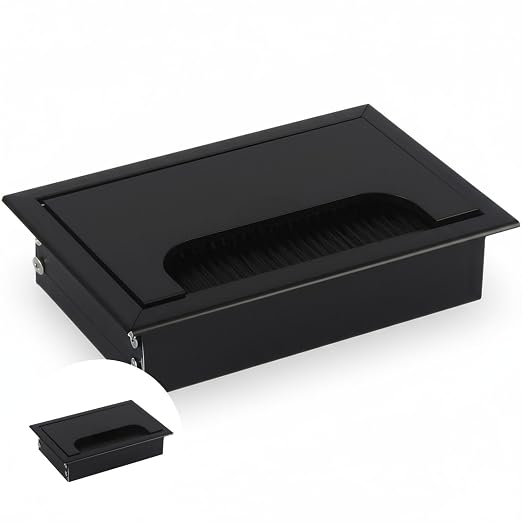Desktop Cable Management Cover for Desk Organization - Aluminum Alloy Cable Box with Brush Seal (Black, 8.0x12.0x2.8 cm)