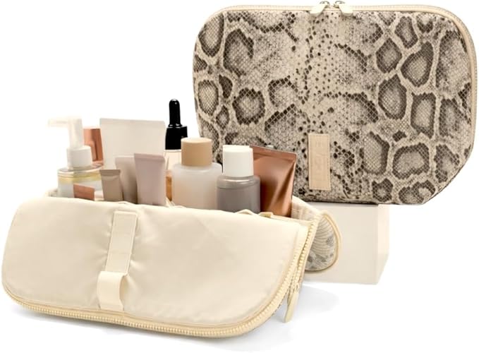 THE VERTI-Vertical Waterproof Makeup & Toiletry Bag | 23-Pocket Organizer with Upright, Fold-Down Design for Skincare, Toiletries & Essentials (Snake, Large)