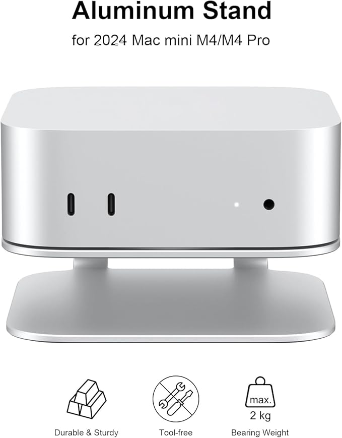 Qwiizlab Aluminum Stand for 2024 Mac mini M4/M4 Pro, Convenient Acess to Power Button, Anti-Scratch, Anti-Slip, Avoid Overheating, Durable and Sturdy Design (Silver)