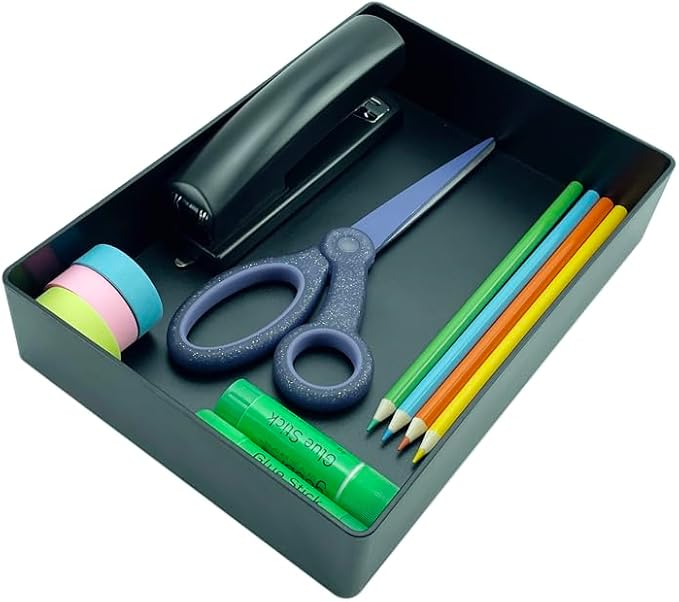Amazon Basics Rectangular Plastic Desk Organizer with Storage Trays, Accessory Tray for Office Supplies and Pen Holder, 9.4 x 6.7 x 2 inch, Black (Pack of 2)