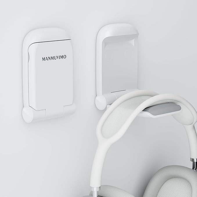 MAMUVIMO Headphone Stand, Headset Stand Foldable ＆ Sticky, Headphone Holder Hook Mount with Non-Slip Silicone, Adhesive Earphone Desk Hanger Clip Space-Saving for Airpods Max, All Earphones-White