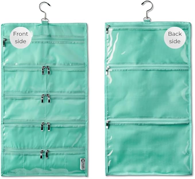 On-The-Go Organizer, 14 Clear Vinyl Pockets, Hanging Travel Case for Makeup and Accessories, 13.5 x 24 inches (Seafoam, Large)
