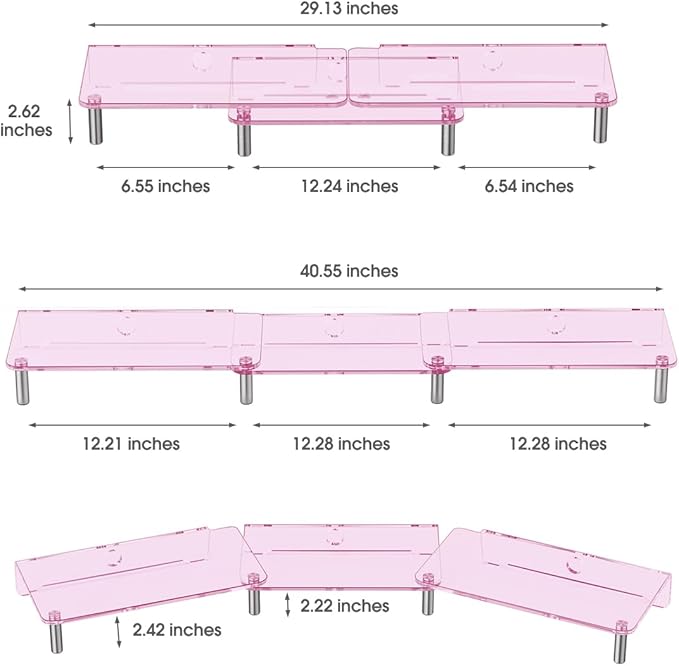 dual monitor stand riser, 3-layer pink acrylic monitor stand with anti slip pad, adjustable length and angle, suitable for 2 monitors, desktop, laptop, PC, printer, TV screen (Pink acrylic)
