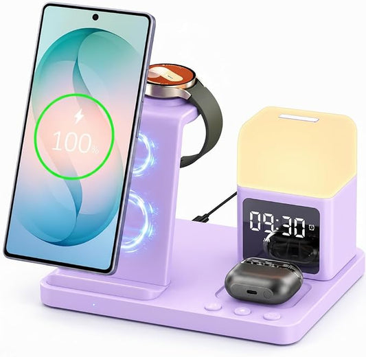 Wireless Charger for Samsung/Android, 6 in 1 Phone Nightstand Charging Station Charger with Alarm Clock/Night Light for Samsung S26/S25/S24 Ultra/Buds4,Watch Charger for Galaxy Watch 8/7/6/5