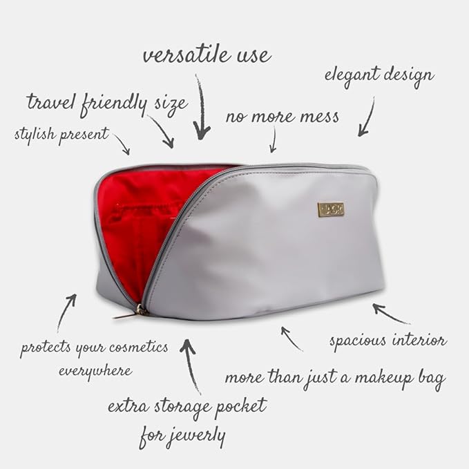 NAORI Travel Makeup Bag for Women | Large Luxury Cosmetic Organizer with Handle & Inner Pockets | Waterproof Faux Leather Toiletry Bag | Makeup Case for Home, Travel & Gifting (Soft Grey)