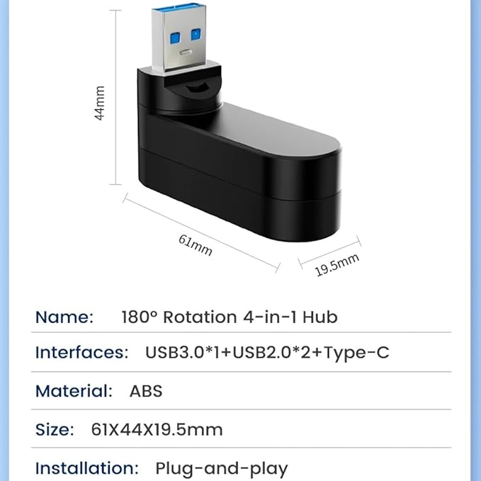 VIENON 4-Port USB 3.0 Hub [90°/180° Degree Rotatable], USB Splitter with PD-in 5W USB C Port, USB Extender for Laptop, Car, iMac, MacBook Air, MacBook Pro, and More