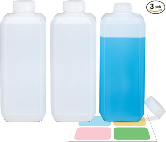 DEMORA 18oz Small Square Plastic Travel Bottles, Reusable Leak Proof Liquid Containers with Caps and Stickers for Pill, Water, Juice (Translucent, 3 Pcs)