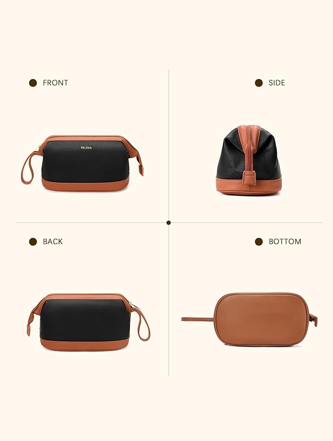 Telena Makeup Bag Large Capacity Travel Cosmetic Bag Portable PU Leather Water Resistant Makeup Organizer Bags for Women with Handle and Divider Open Flat (3-Black with Brown)
