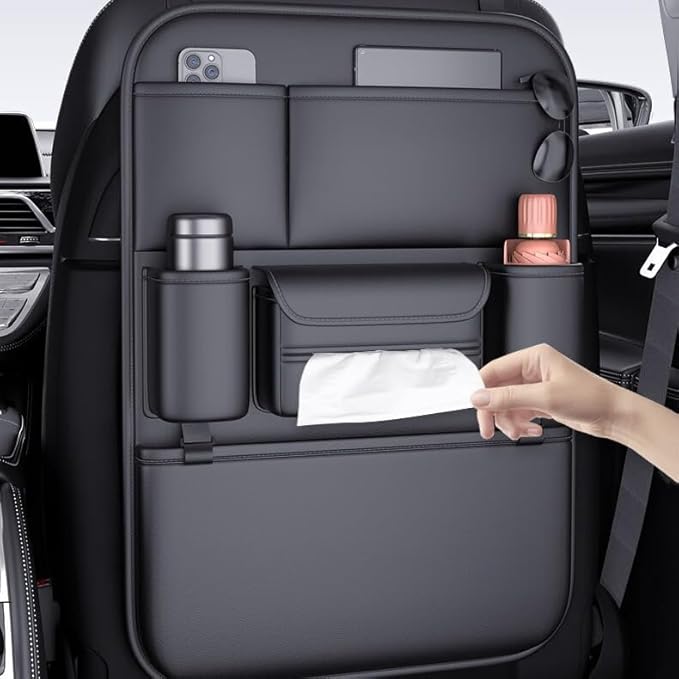 Premium Leather Car Seat Organizer for Cars, SUV & Truck - Back Seat Headrest Storage Organizer with 6 Pockets, Large Capacity Waterproof Car Organizer Pocket for Phone, Bottle, Tissue, Toys