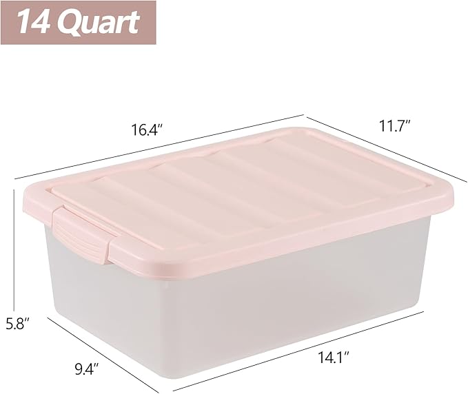 Wekioger Set of 2 Versatile Organizer Bins with Pink Lids, 14 Quart Plastic Latching Storage Box