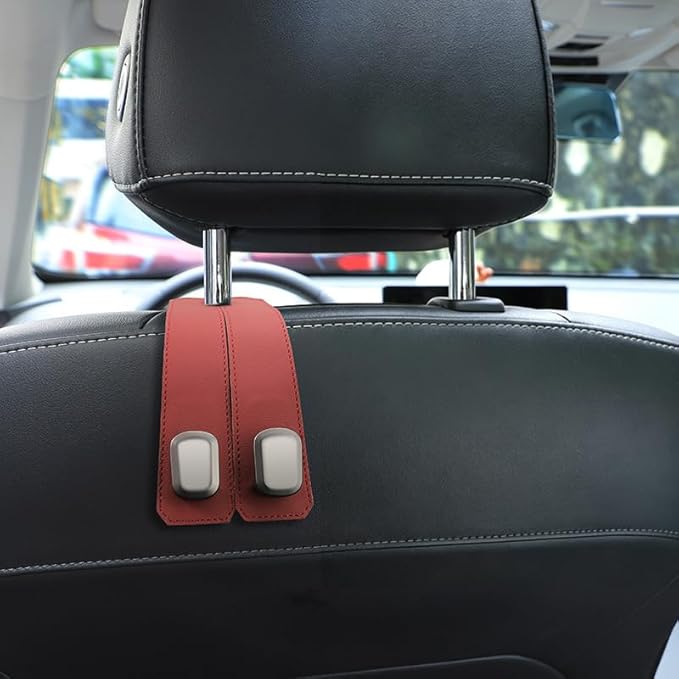 Car Seat Headrest Double Hooks Organizer 1-4 Pack – Heavy Duty Leather & Metal Hook for Bags, Purses, Wallets – Phone Mount – Fits Most Vehicles (Red-1pcs)