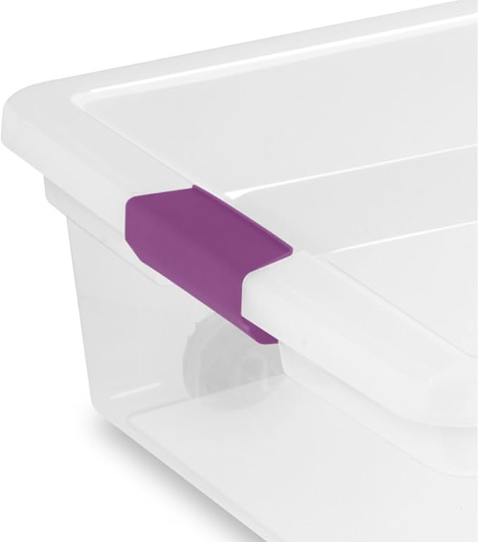 Sterilite 60 Qt ClearView Latch Wheeled Underbed Storage Box, Stackable Bin with Lid, Plastic Container to Organize Underbed, Clear Base, Lid Sweet Plum (Pack of 4)