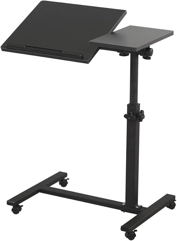 TigerDad Overbed Bedside Desk Mobile Rolling Laptop Stand Tilting Overbed Table with Wheels Height Adjustable Tray Table for Laptop Bed Sofa Side Table (Black)