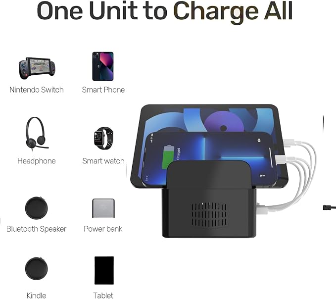 Multi Fast Charging Station,with 5 USB QC 3.0 Port,5V3A 12V1.5A（18W） 5-Port USB Charger for Multiple Device with SmartIC Tech Stand Compatible with iPad, Tablet, Kindle, Charging 5 iPads