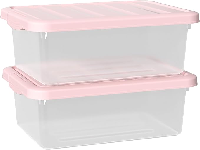 Set of 2 Clear Plastic Storage Organizer Bins with Pink Lids, 14 Quart, Versatile Organizer Container Boxes for Home, Office, and Garage