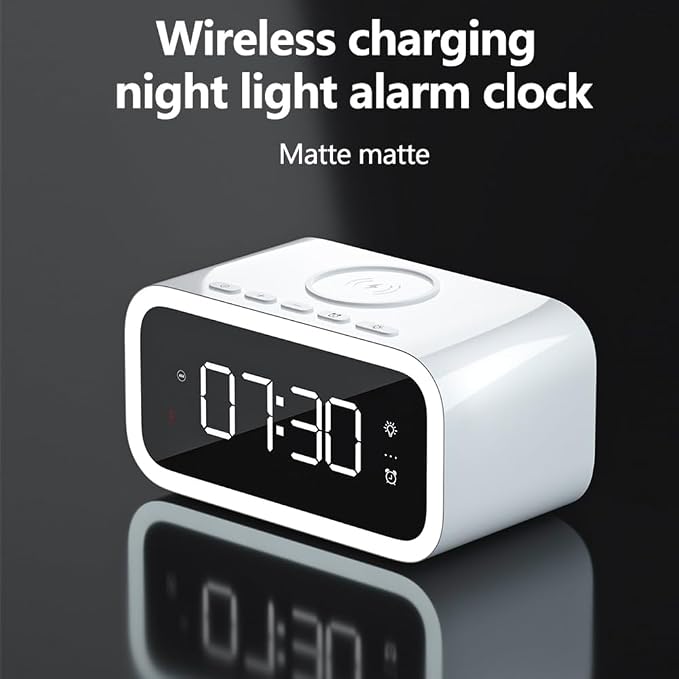 AYI 4in1 Smart Wireless Charging Alarm Clock with Mirror Display | 15W Fast Charger for Phone & Earbuds, 3 Group Alarms, Warm White/Yellow Night Light, Temperature Display Extra USB Port-White