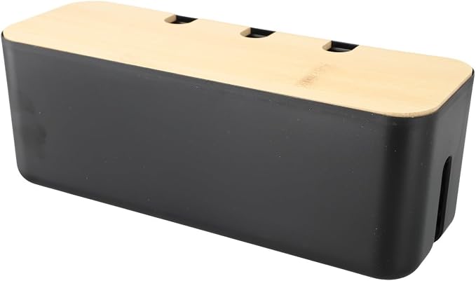 FABULETTA Desktop Cord Organiser Box with Wooden Lid, Cable Management Solution for Power Strip Hider, ABS Plastic Wire Storage Container and Junction Box Cover for Home Office Use(black)