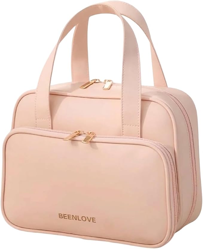 BEENLOVE Travel Makeup Bag for Women - Premium Vegan Leather Cosmetic Case - Large Portable Toiletry Organizer with Handles & Zippers - Water-Resistant Pouch