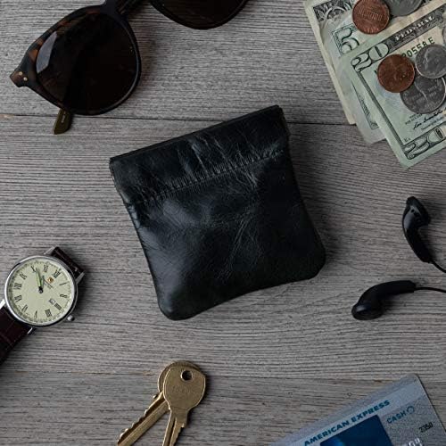 Nabob Leather Genuine Leather Squeeze Coin Purse, Coin Pouch Made IN U.S.A. Change Holder For Men/Woman Size 3.5 X 3.5 (Distressed Black)