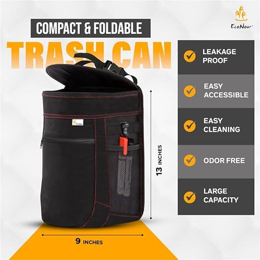 EcoNour Car Trash Can 2.5 Gallon with Lid & Storage Pockets | Waterproof Hanging Garbage Bin with Removable Inner Bag | Automotive Accessories for SUVs, Trucks & More | Black