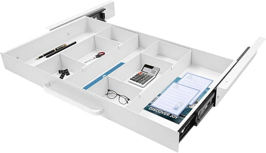 Under Desk Pull-out Drawer with Adjustable Divider for Storing Pencil and Office Accessories Under Desk Mounted Tray Organizer for Sit Stand Workstation, 21.5x10.2x2.1in