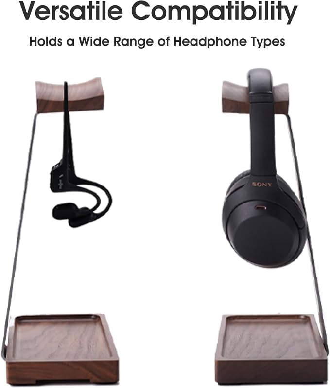 Walnut Headphone Stand, Wooden Headset Stand for Desk, Wood Gaming Headphone Holder with Storage Base for Airpod max, Bose, Razer, Sennheiser, Jabra, JBL, AKG, Vintage Gift for Men, Grey