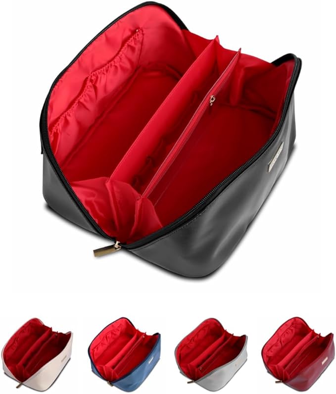 NAORI Travel Makeup Bag for Women | Large Luxury Cosmetic Organizer with Handle & Inner Pockets | Waterproof Faux Leather Toiletry Bag | Makeup Case for Home, Travel & Gifting (Elegant Black)