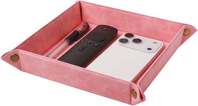 Valet Tray Desktop Storage Organizer – Premium PU Leather Catchall Bedside Vanity Tray Nightstand Caddy Holder for Remote Controller, Keys, Phone, Wallet, Coin, Jewelry,Pink