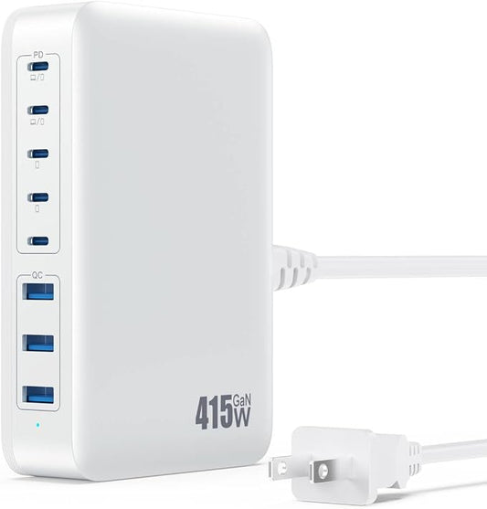 USB C Charger 415W USB C Charger Block, 8-Ports GaN IV Fast Charging Station Hub, Dual PD 100W Laptop Charger Adapter,for MacBook Pro/Air/iPad/iPhone16/15/14/Apple Watch/DELL/Samsung for Home Office