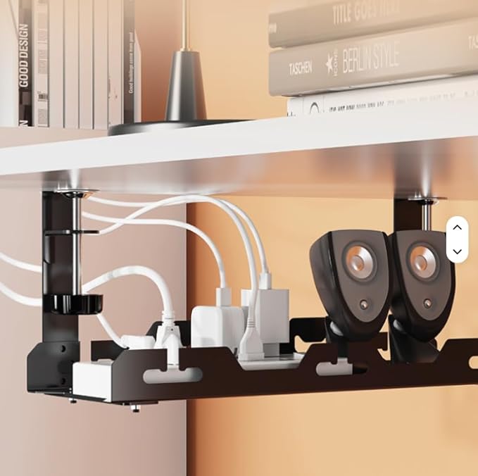 17'' Super Sturdy Cable Tray Under Desk Cord Organizer Standing Desk Cable Management System Large Power Strip Holder Cord Basket With Clamp for Wire Management Rack Office, Home, No Drill & Damage
