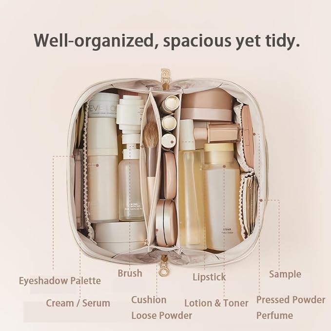 Travel Makeup Bag for Women, Large Capacity PU Leather Toiletry Bag with Multiple Compartments, Waterproof Cosmetic Organizer with Handle, Portable Travel Pouch for Skincare, White