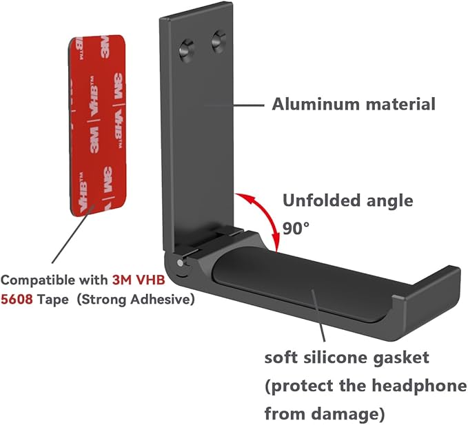 Headphone Stand Hanger,Headset Holder Mount,Aluminum Hook with Strong Adhesive Tape for Headphones (H03-Black-1PCS)
