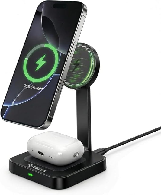 Esoulk 2 in 1 Magnetic Wireless Charging Station, Foldable Charger Stand for iPhone 17/16/15/14, AirPods Charging Pad, Travel Compact 15W Fast Wireless Charger