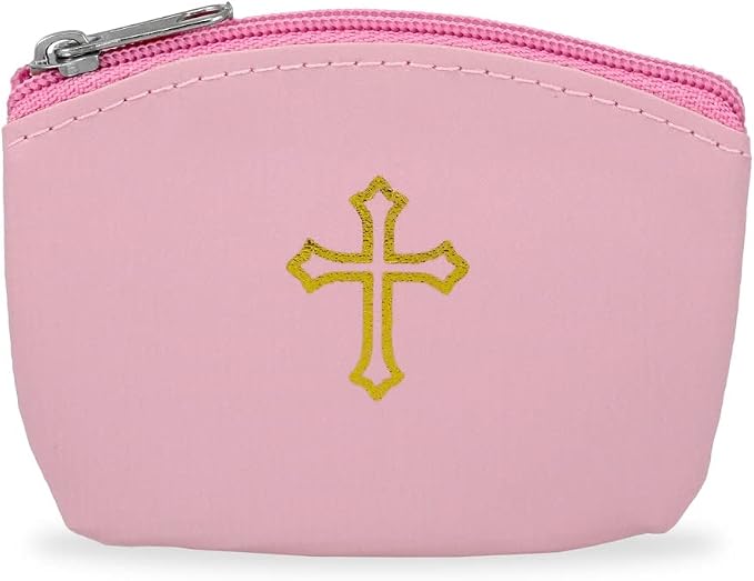 Pink Rosary Pouch with Zipper & Gold St. Thomas Cross Imprint | Compact Leatherette Rosary Case for Small to Medium Rosaries | Protective Travel Rosary Holder for Men & Women