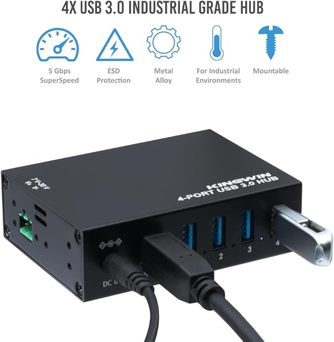 Kingwin USB 3.0 Hub ??4-Port Industrial Metal USB Hub, High-Speed 5Gbps Data, Mountable Design, Heavy-Duty Aluminum Housing, Reliable Expansion for PC, Laptop, Industrial Equipment & Workstations.