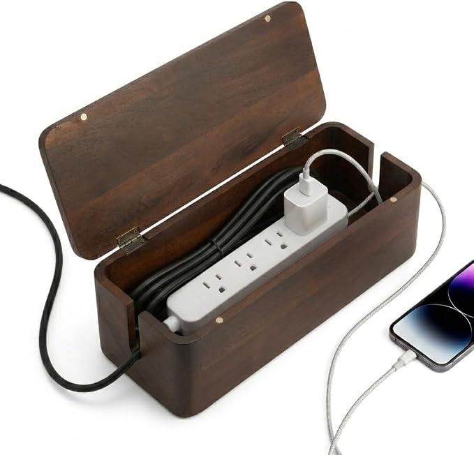 Cable Management Box – Power Strip Organizer – Desk Cord Organizer to Hide Wires & Chargers – Cable Storage Box for Home, Office Desk & Floor Cable Organization (Dark Walnut)