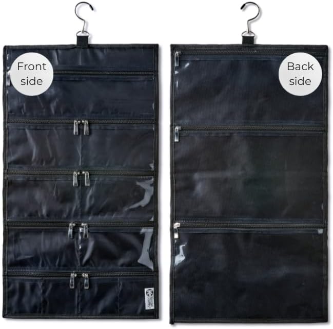 On-The-Go Organizer, 14 Clear Vinyl Pockets, Hanging Travel Case for Makeup and Accessories, 13.5 x 24 inches (Raven, Large)