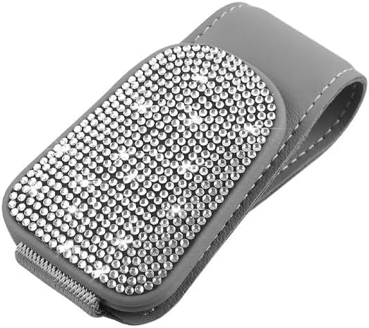 HZEL Bling Sunglass Holder for Car Sun Visor, Magnetic Leather Crystal Rhinestones Vehicle Eyeglasses Visor Clip, Diamond Automotive Glasses Hanger Mount, Universal for SUV RV Truck (Gray/White)